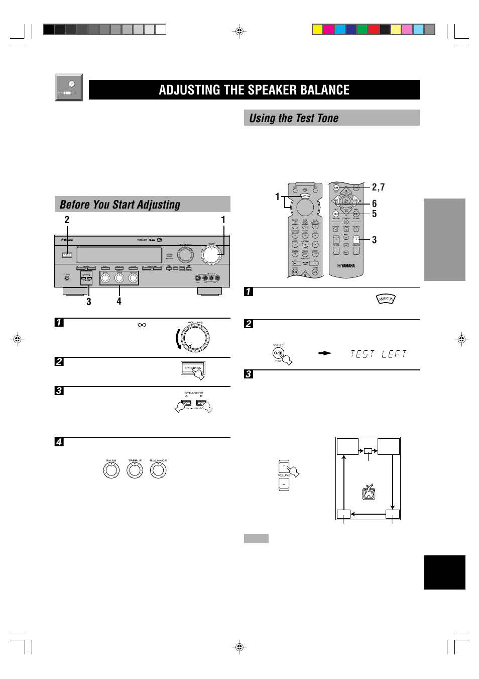 Adjusting the speaker balance, Using the test tone, Before you start adjusting 1 | Yamaha HTR-5250 User Manual | Page 23 / 67