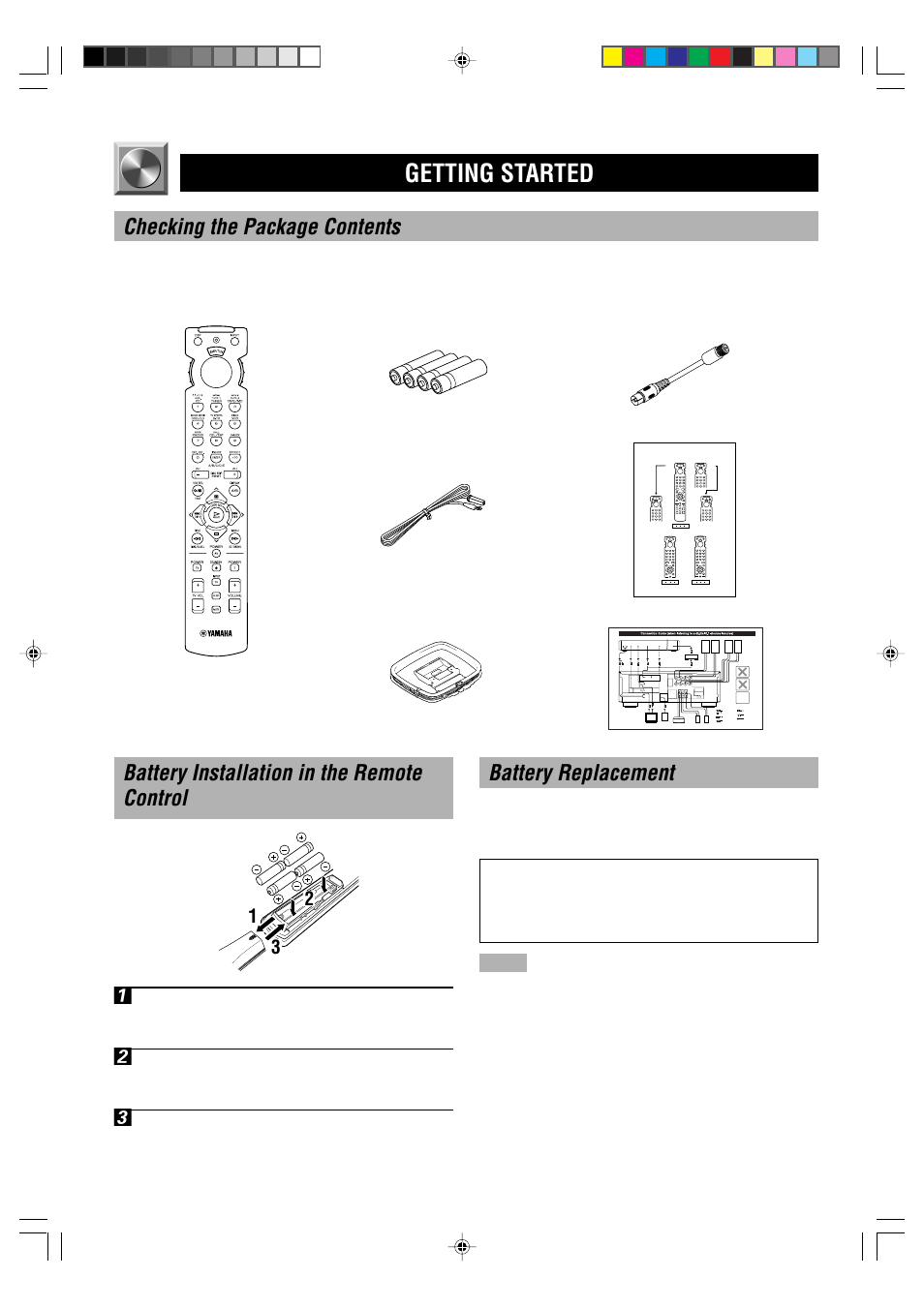 Getting started, Checking the package contents, Battery installation in the remote control 1 | Battery replacement | Yamaha HTR-5250 User Manual | Page 6 / 67