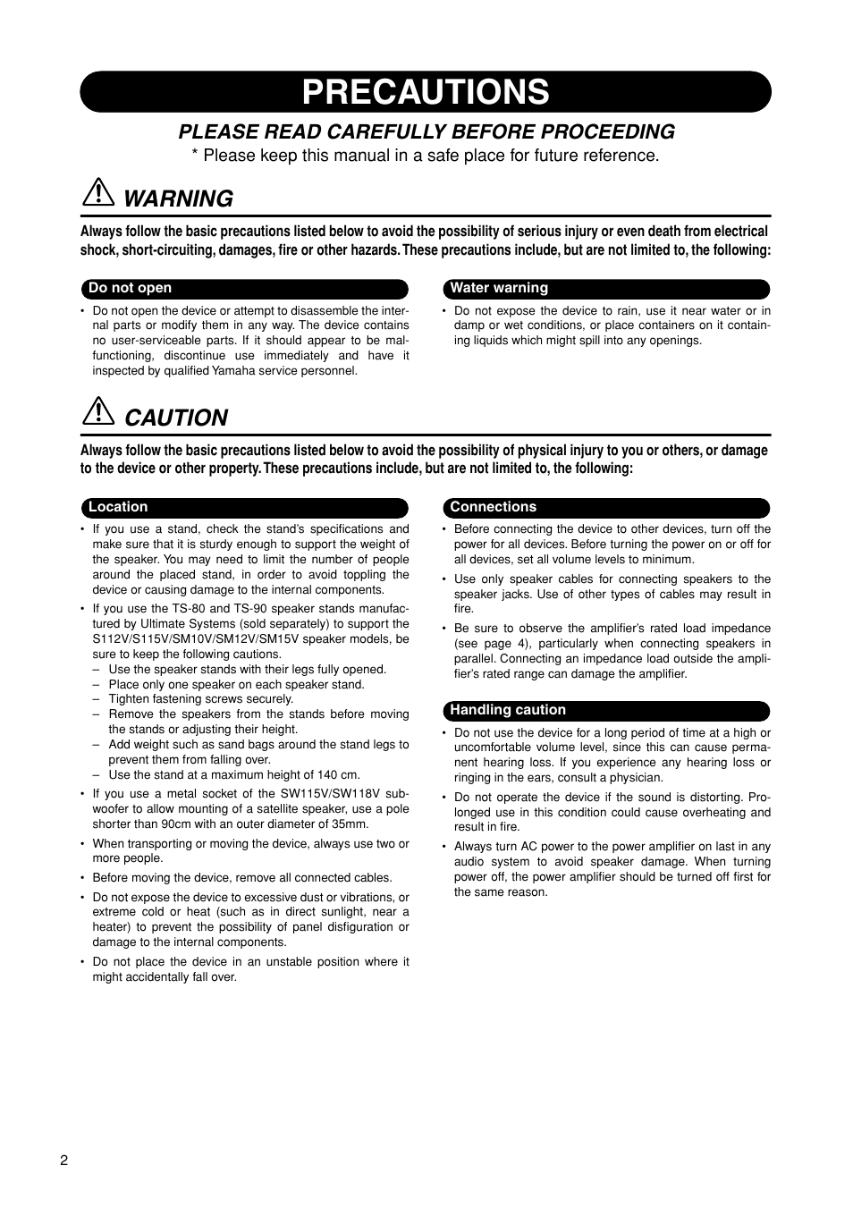 Precautions, Warning, Caution | Please read carefully before proceeding | Yamaha S215V User Manual | Page 2 / 11