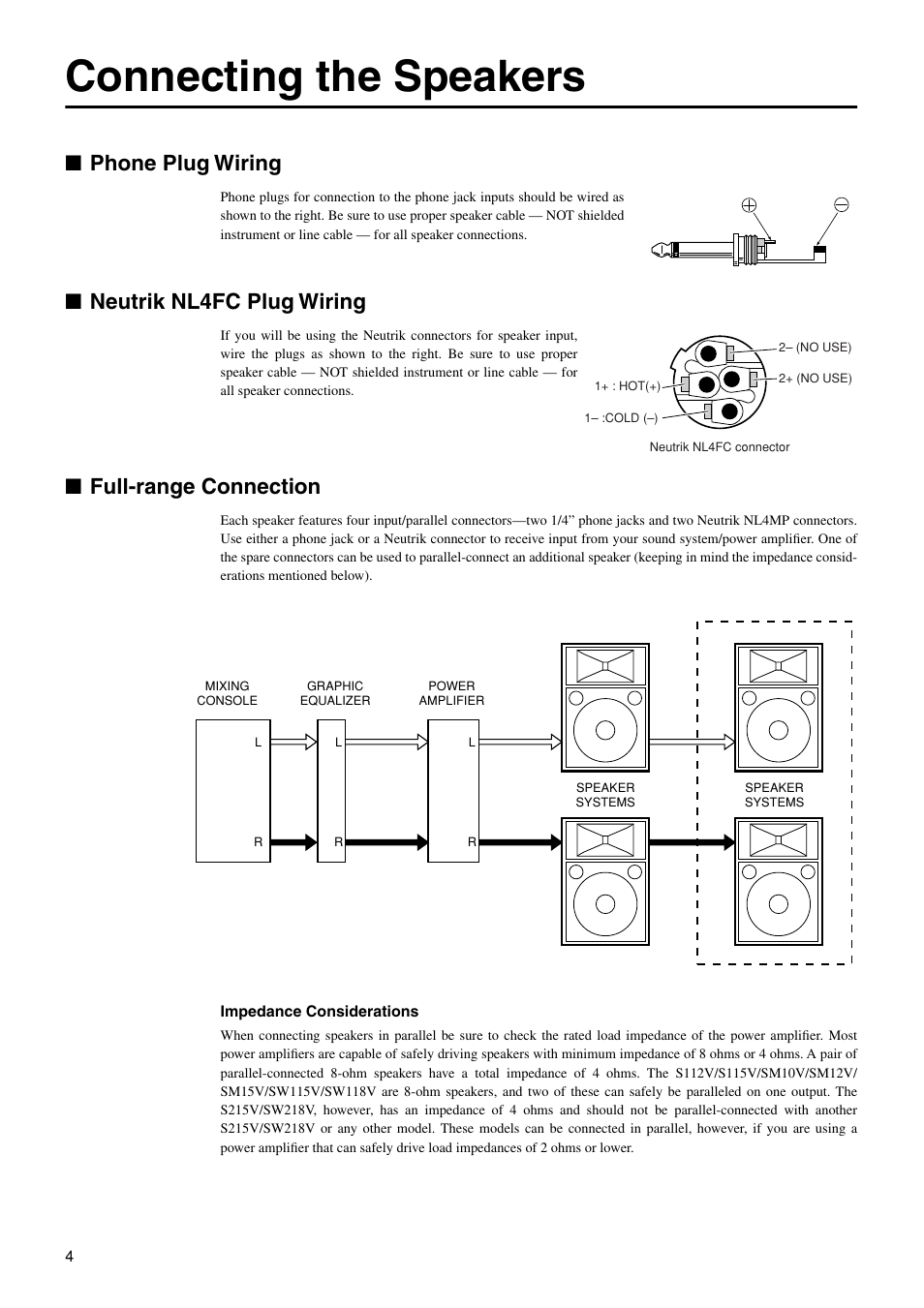 Connecting the speakers, Phone plug wiring, Neutrik nl4fc plug wiring | Full-range connection | Yamaha S215V User Manual | Page 4 / 11