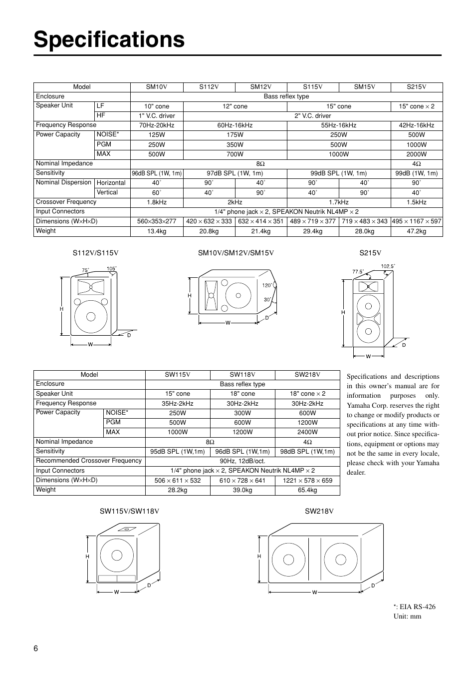 Specifications | Yamaha S215V User Manual | Page 6 / 11