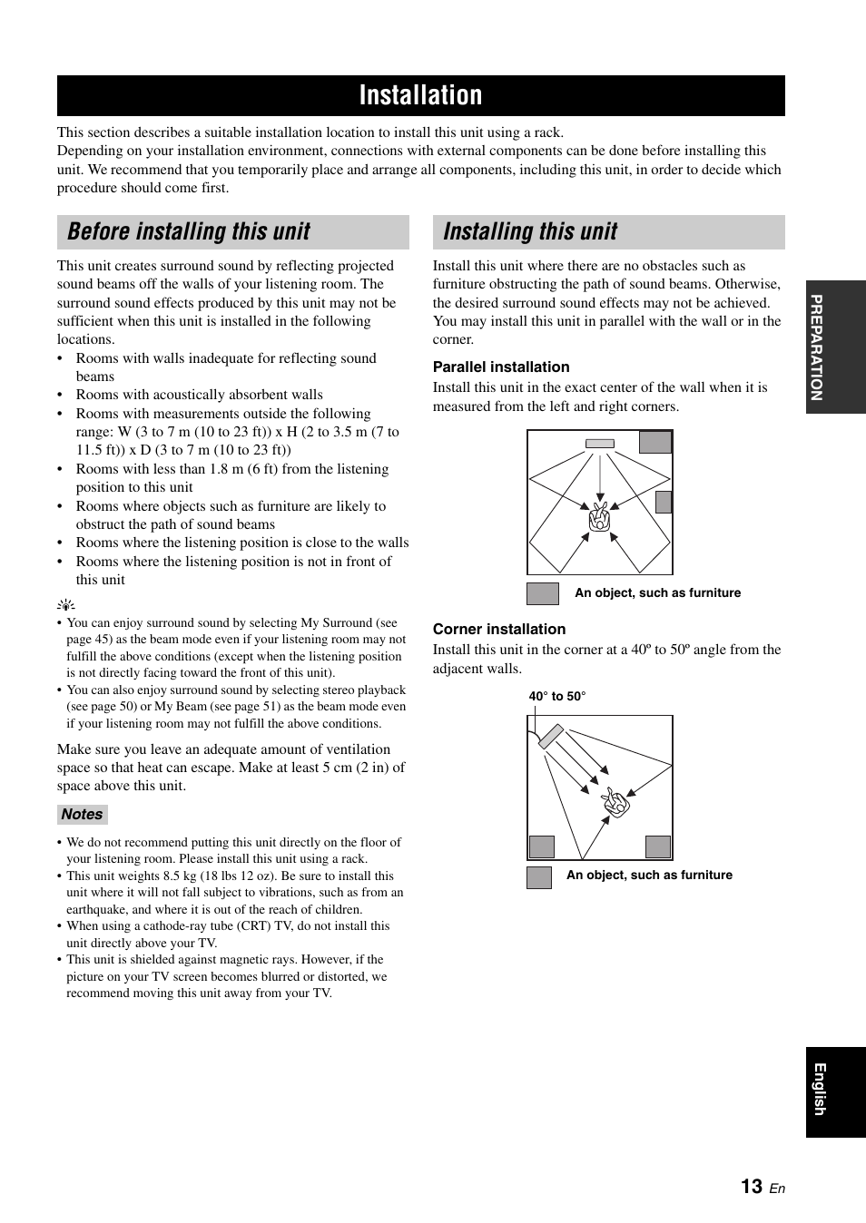 Preparation, Installation, Before installing this unit | Installing this unit, Before installing this unit installing this unit | Yamaha YSP-500 User Manual | Page 15 / 98