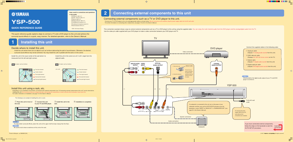 Quick reference guide, Ysp-500, Dvd player tv decide where to install this unit | Install this unit using a rack, etc | Yamaha YSP-500 User Manual | Page 97 / 98