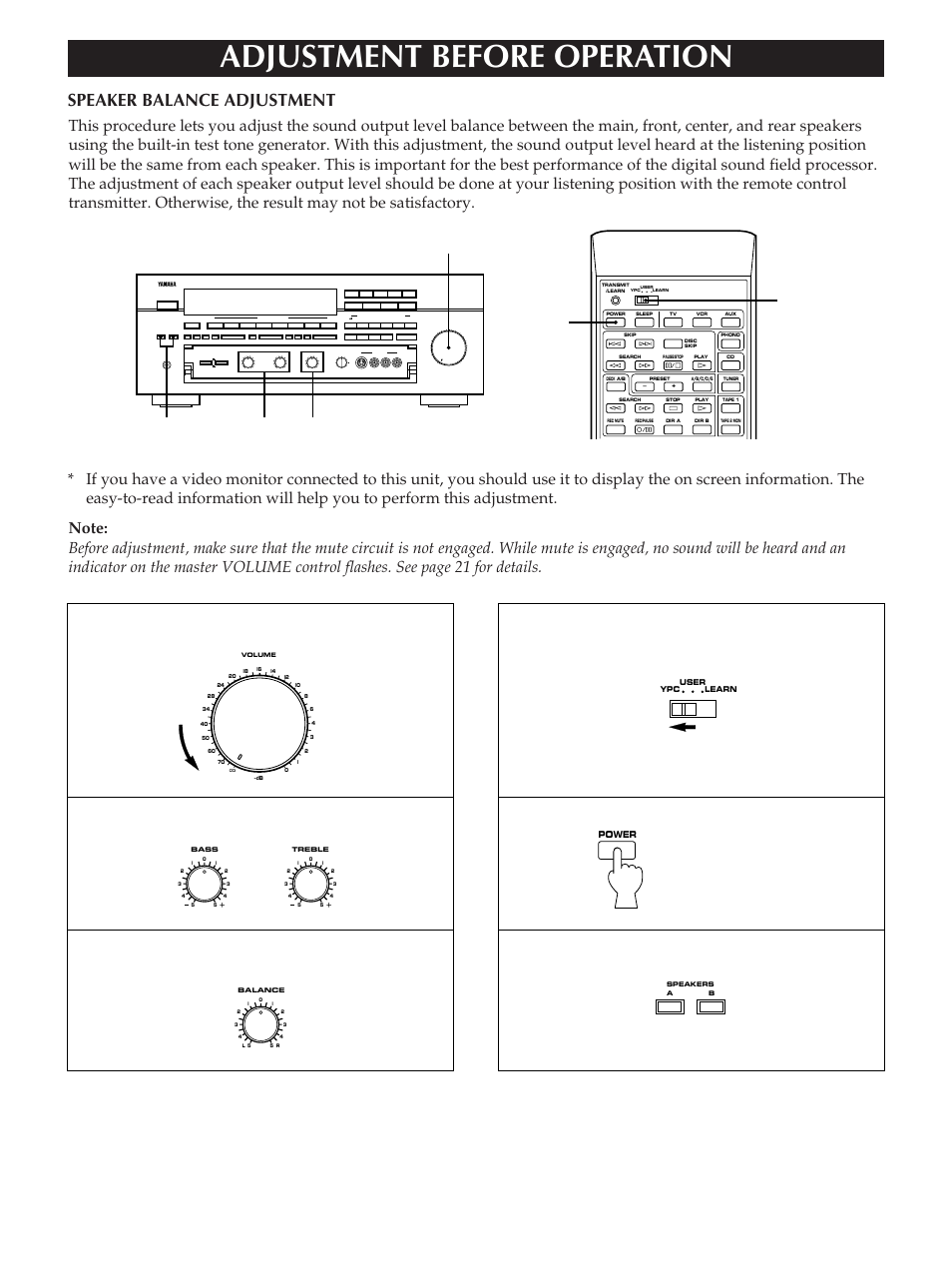 Adjustment before operation, Speaker balance adjustment, Set to the | Set to the “0” position, Press the power switch to turn on the power | Yamaha RX-V2090 User Manual | Page 16 / 40