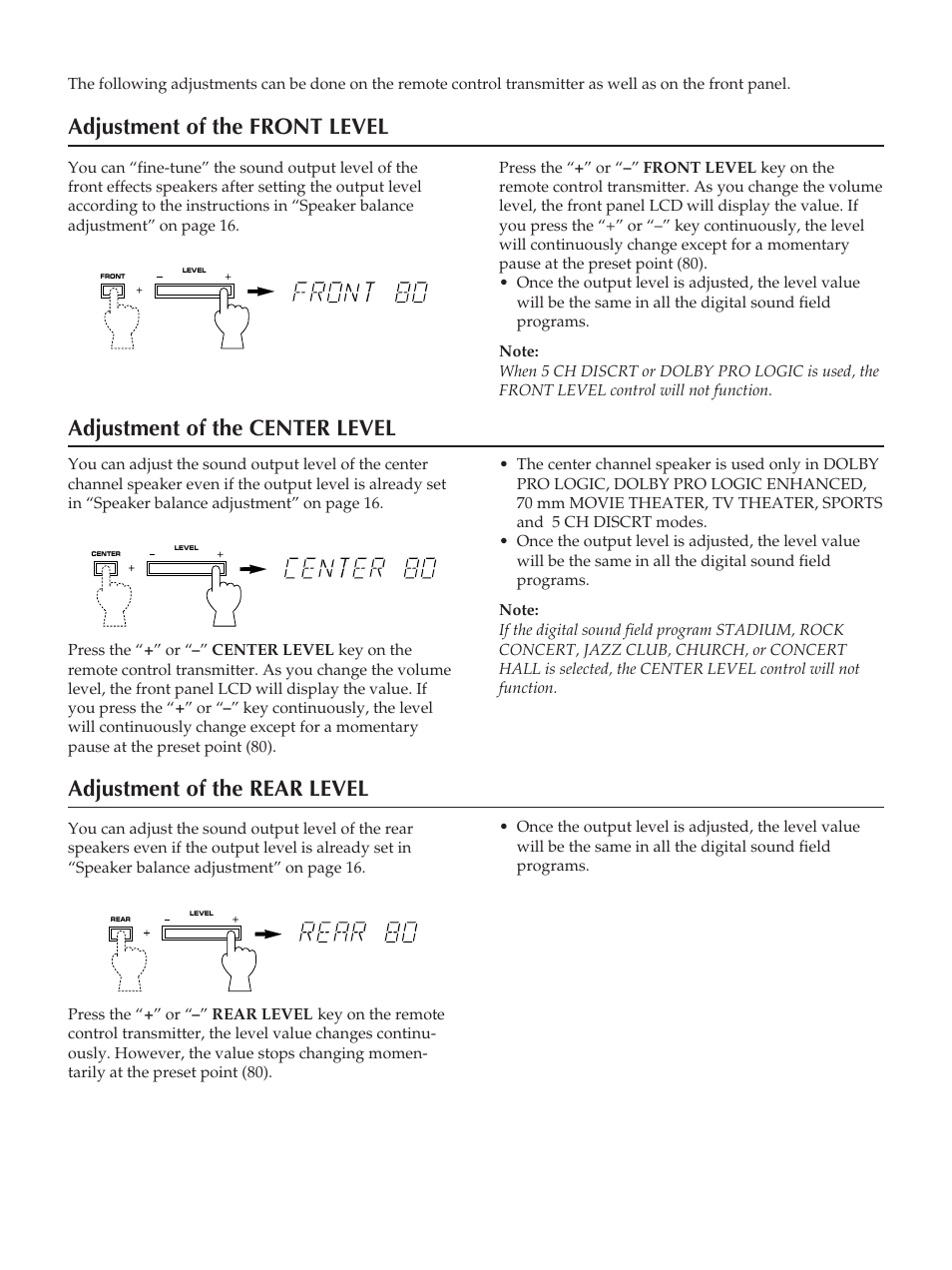 Adjustment of the front level, Adjustment of the center level, Adjustment of the rear level | Yamaha RX-V2090 User Manual | Page 29 / 40