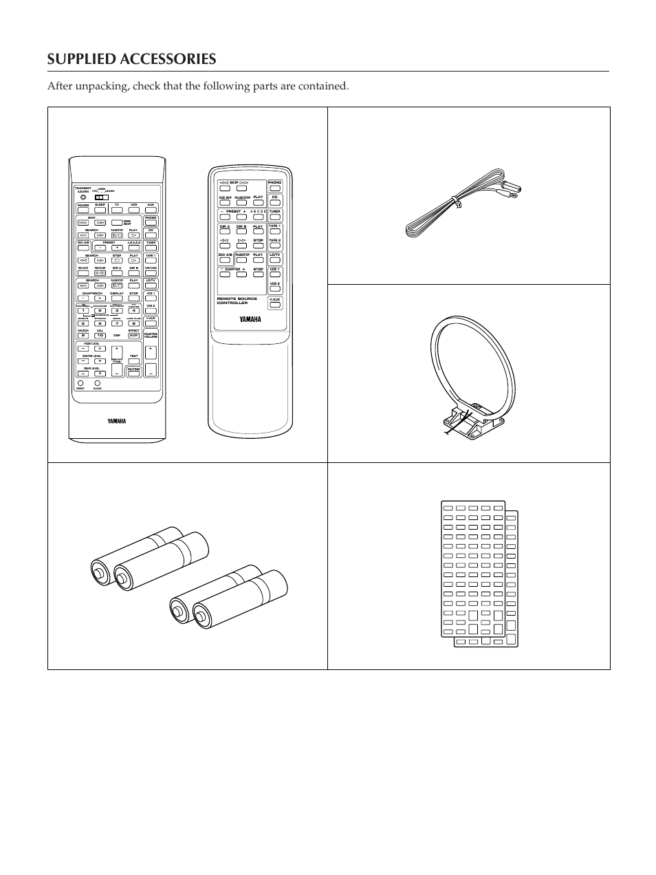 4supplied accessories, Remote control transmitter • indoor fm antenna | Yamaha RX-V2090 User Manual | Page 4 / 40