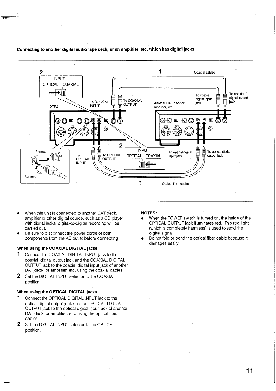 When using the coaxial digital jacks, When using the optical digital jacks, Notes | Yamaha DTR2 User Manual | Page 11 / 88