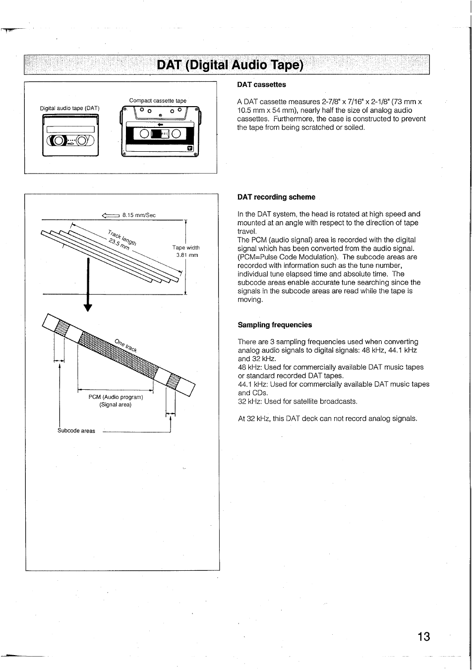 Dat (digital audio tape), Dat cassettes, Dat recording scheme | Sampling frequencies | Yamaha DTR2 User Manual | Page 13 / 88