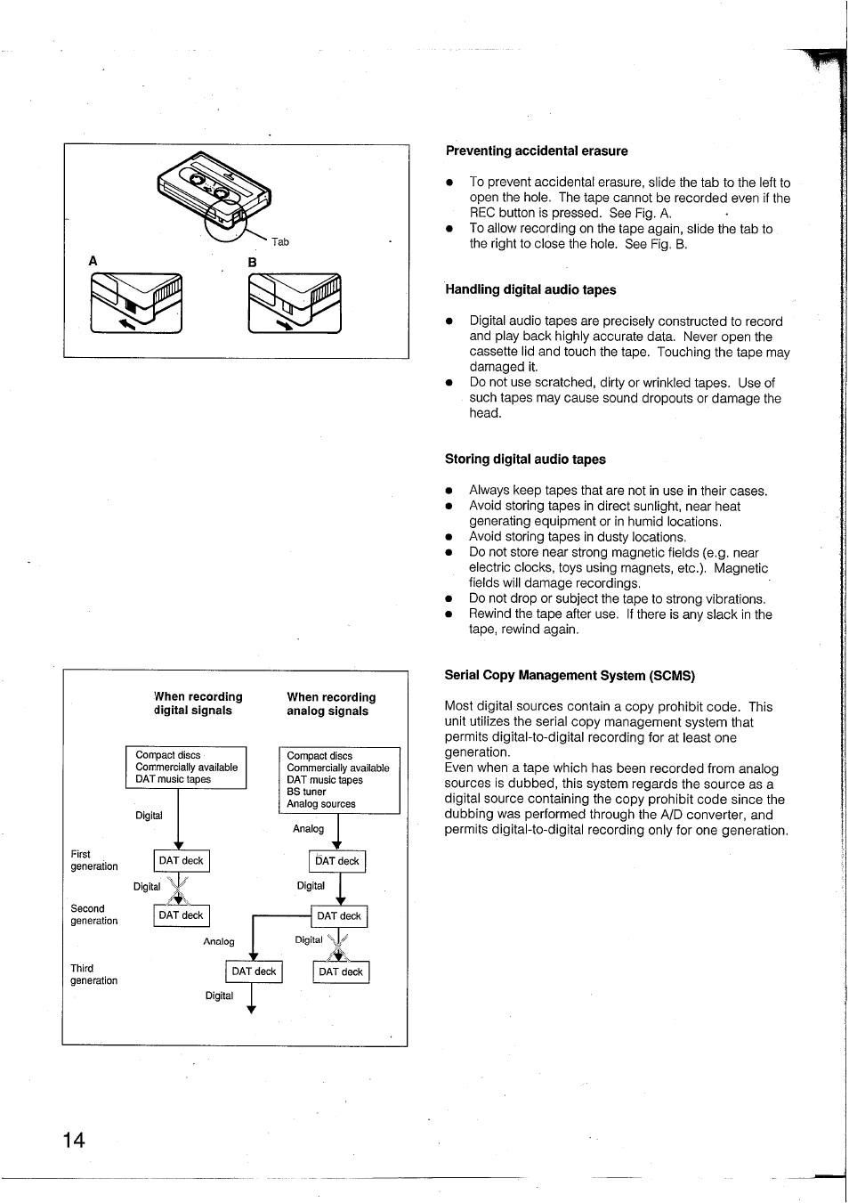 Preventing accidental erasure, Handling digital audio tapes, Storing digital audio tapes | Serial copy management system (scms) | Yamaha DTR2 User Manual | Page 14 / 88