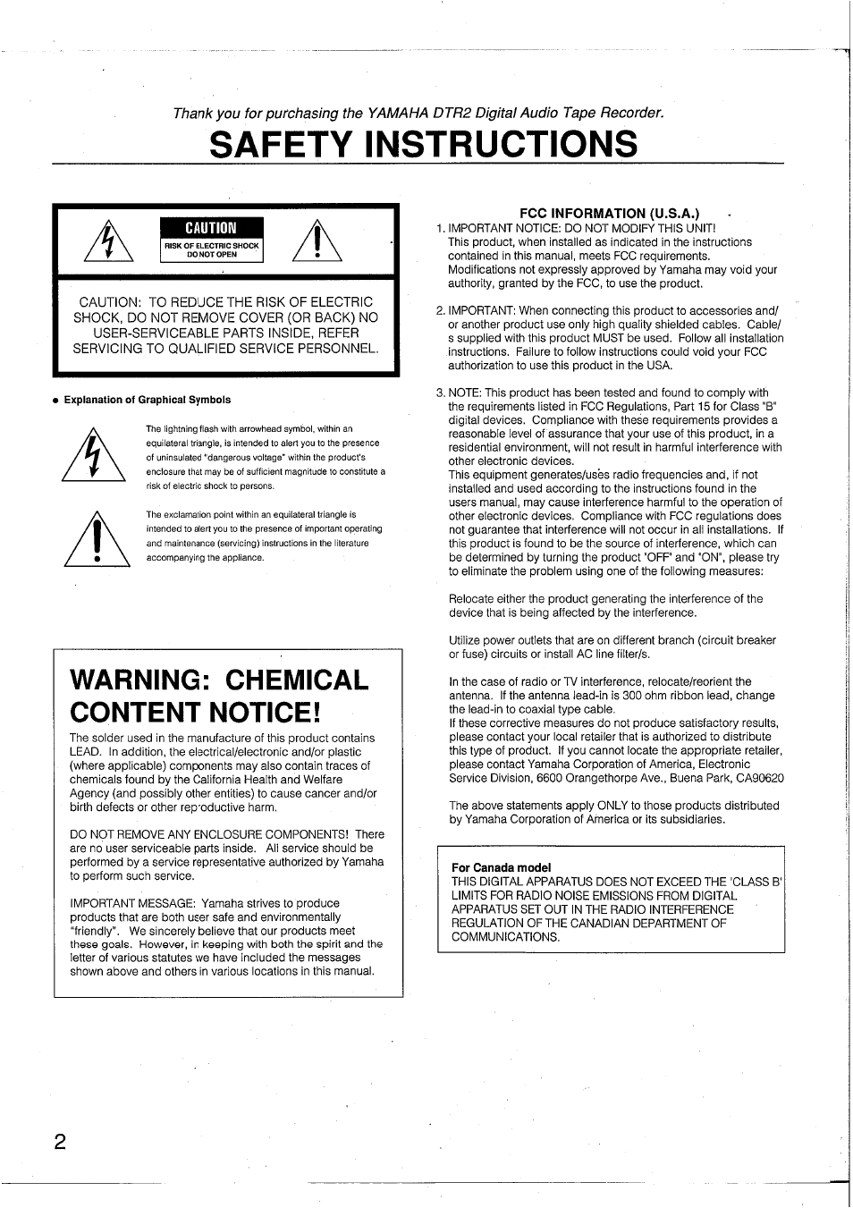 Caution, Fcc information (u.s.a.), Safety instructions | Warning: chemical content notice | Yamaha DTR2 User Manual | Page 2 / 88