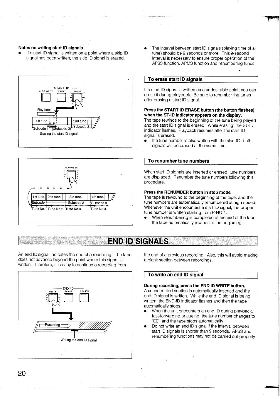 Notes on writing start id signais, To erase start id signals, Press the renumber button in stop mode | End id signals, To write an end id signal, During recording, press the end id write button | Yamaha DTR2 User Manual | Page 20 / 88