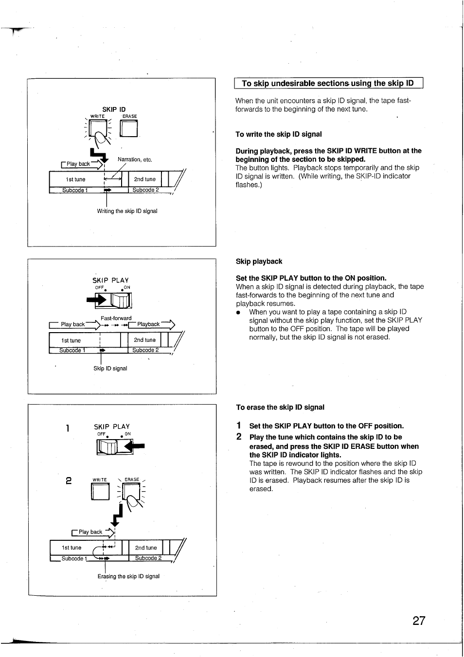 To write the skip id signai, Skip piayback, Set the skip play button to the on position | To erase the skip id signai, 1 set the skip play button to the off position | Yamaha DTR2 User Manual | Page 27 / 88