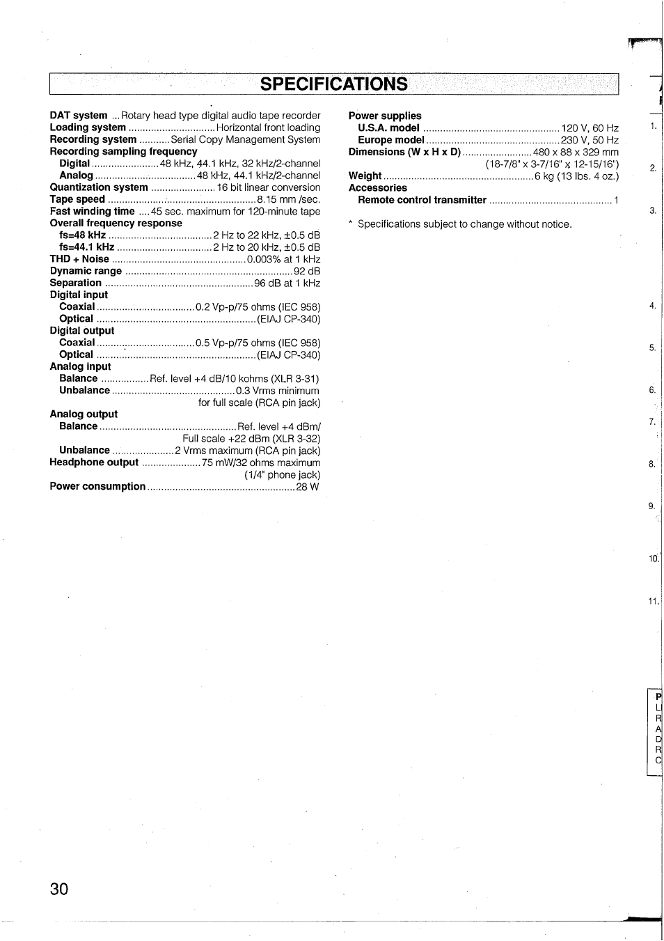 Specifications, Power supplies | Yamaha DTR2 User Manual | Page 30 / 88