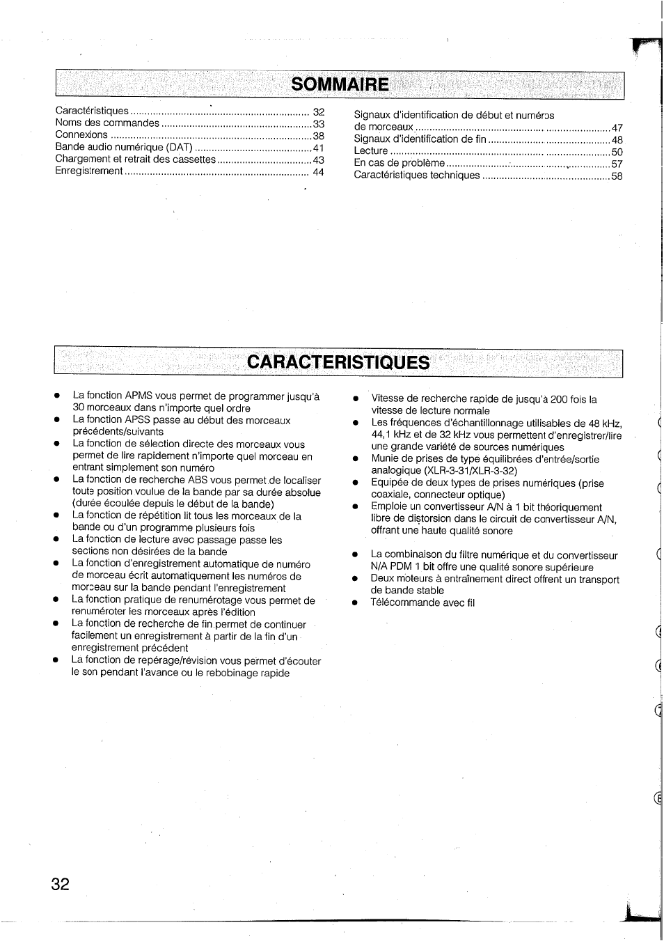 Sommaire, Caracteristiques | Yamaha DTR2 User Manual | Page 32 / 88
