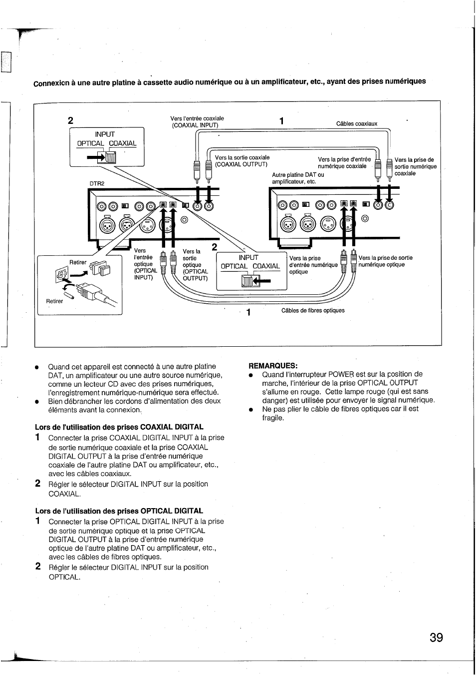 Lors de l’utilisation des prises coaxial digital, Lors de l’utilisation des prises optical digital, Remarques | Yamaha DTR2 User Manual | Page 39 / 88