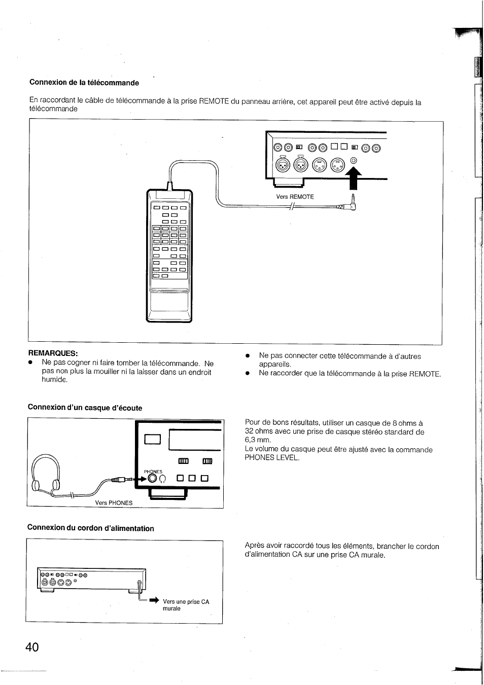 Connexion de la télécommande, Remarques | Yamaha DTR2 User Manual | Page 40 / 88