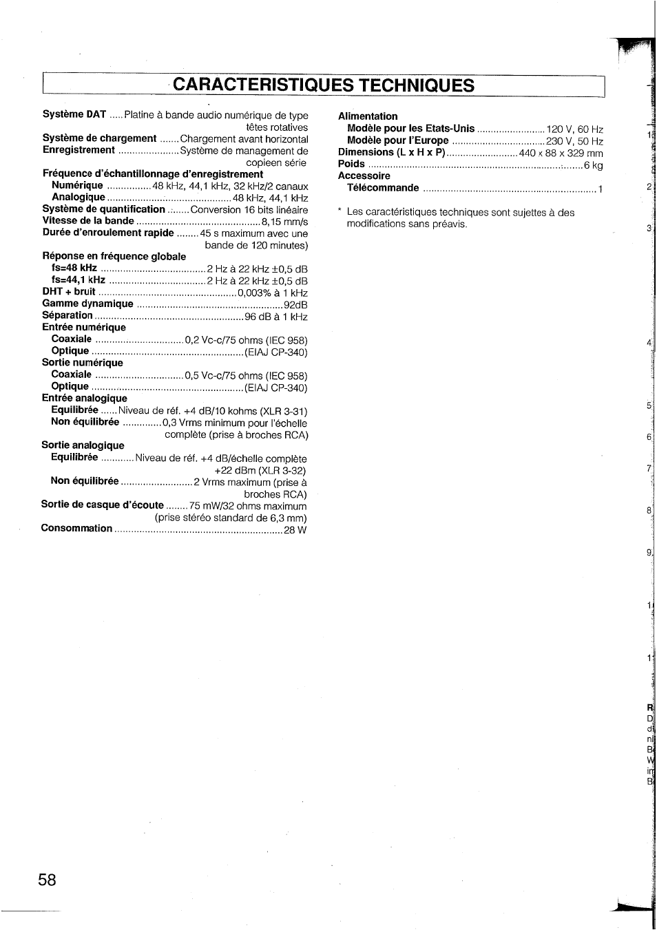 Caracteristiques techniques, Caractéristiques techniques | Yamaha DTR2 User Manual | Page 58 / 88