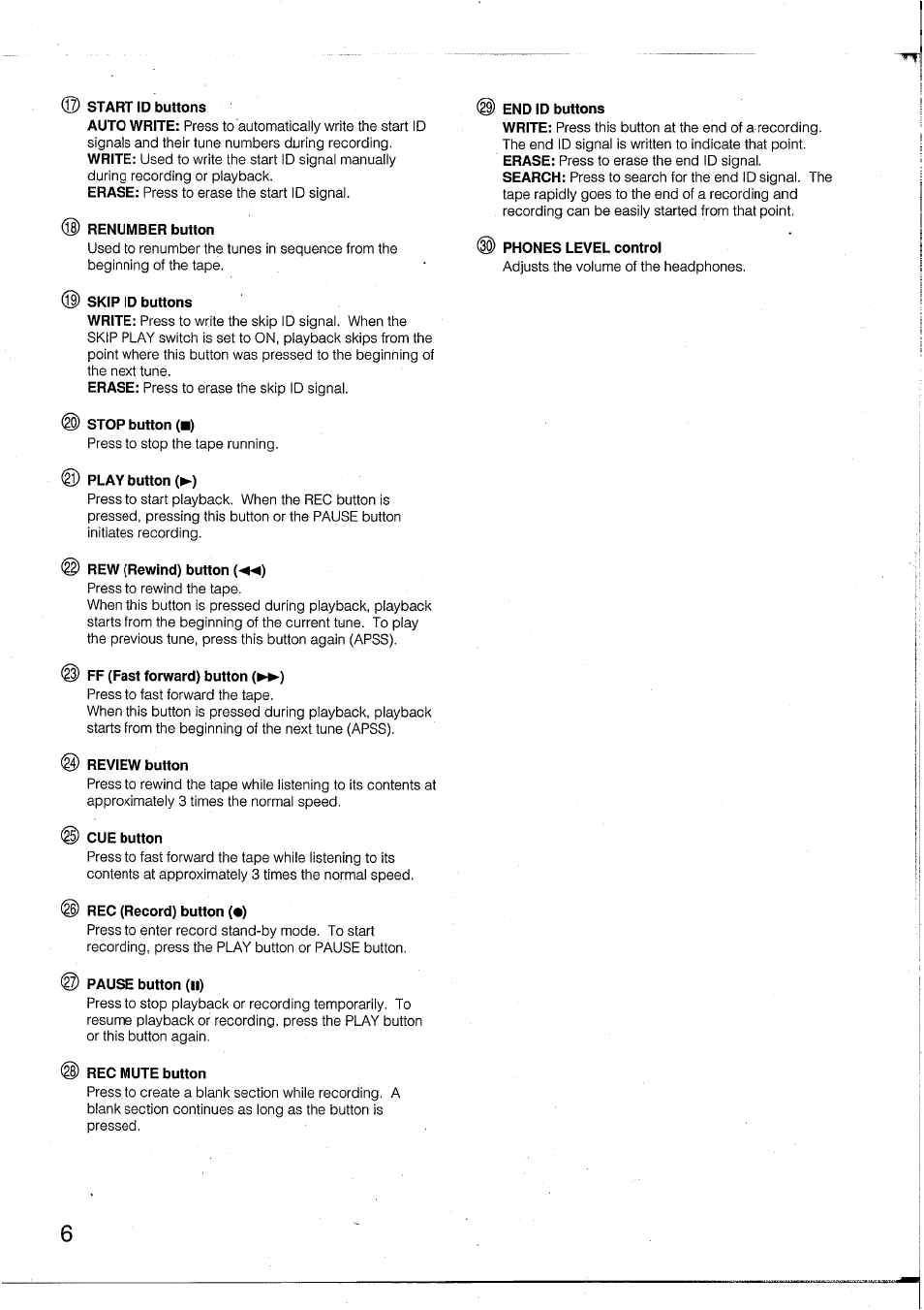 Start id buttons, End id buttons, Renumber button | Phones level control, Skip id buttons, Stop button (■), Play button (►), Rew (rewind) button (-^), Ff (fast forward) button (►►), Review button | Yamaha DTR2 User Manual | Page 6 / 88