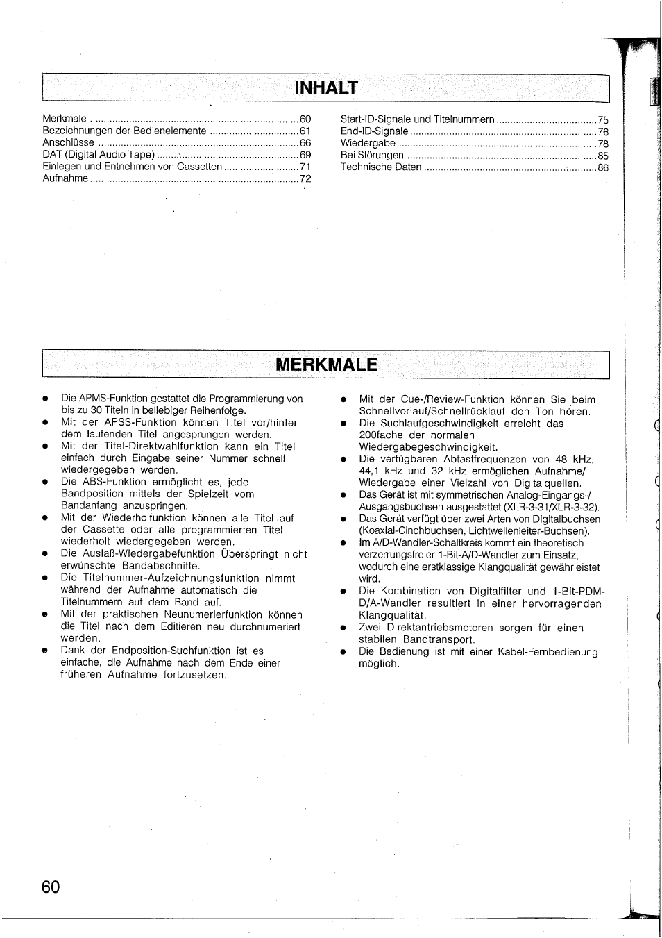 Inhalt, Merkmale | Yamaha DTR2 User Manual | Page 60 / 88