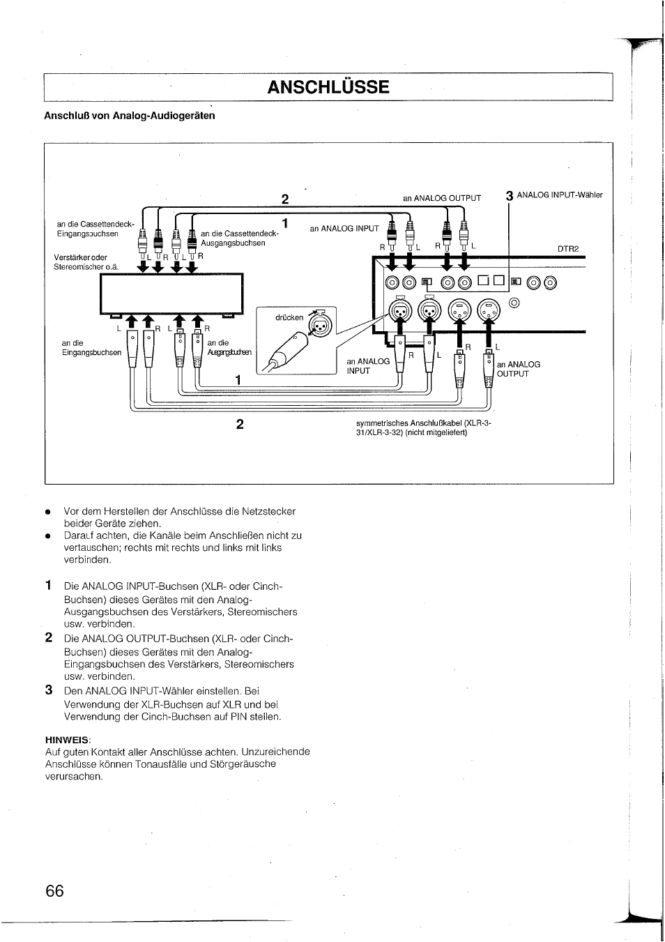 Anschlüsse, Hinweis | Yamaha DTR2 User Manual | Page 66 / 88