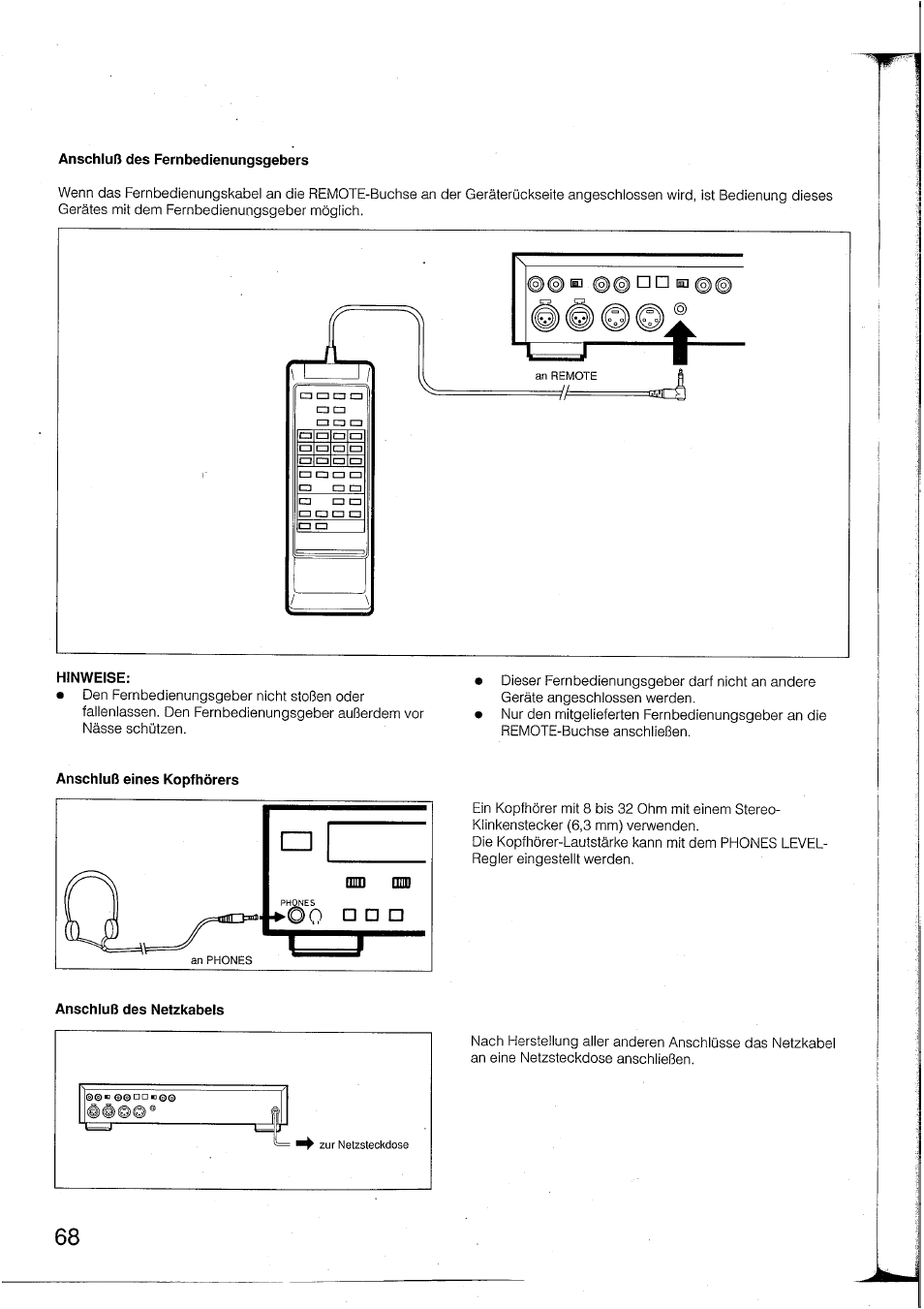 Anschluß des fernbedienungsgebers, Hinweise | Yamaha DTR2 User Manual | Page 68 / 88