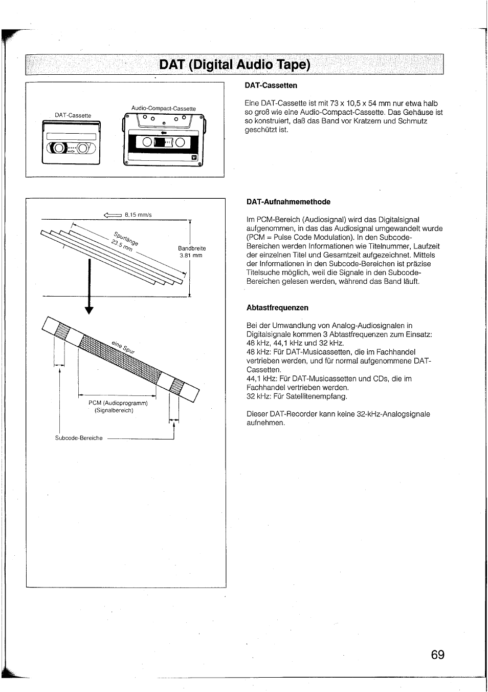 Dat (digital audio tape), Dat-cassetten, Dat-aufnahmemethode | Abtastfrequenzen, 0(ol-(cj/) | Yamaha DTR2 User Manual | Page 69 / 88