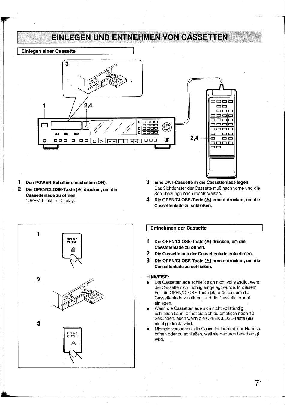 Einlegen und entnehmen von cassetten, Einlegen einer cassette, 2 die cassette aus der cassettenlade entnehmen | Hinweise | Yamaha DTR2 User Manual | Page 71 / 88