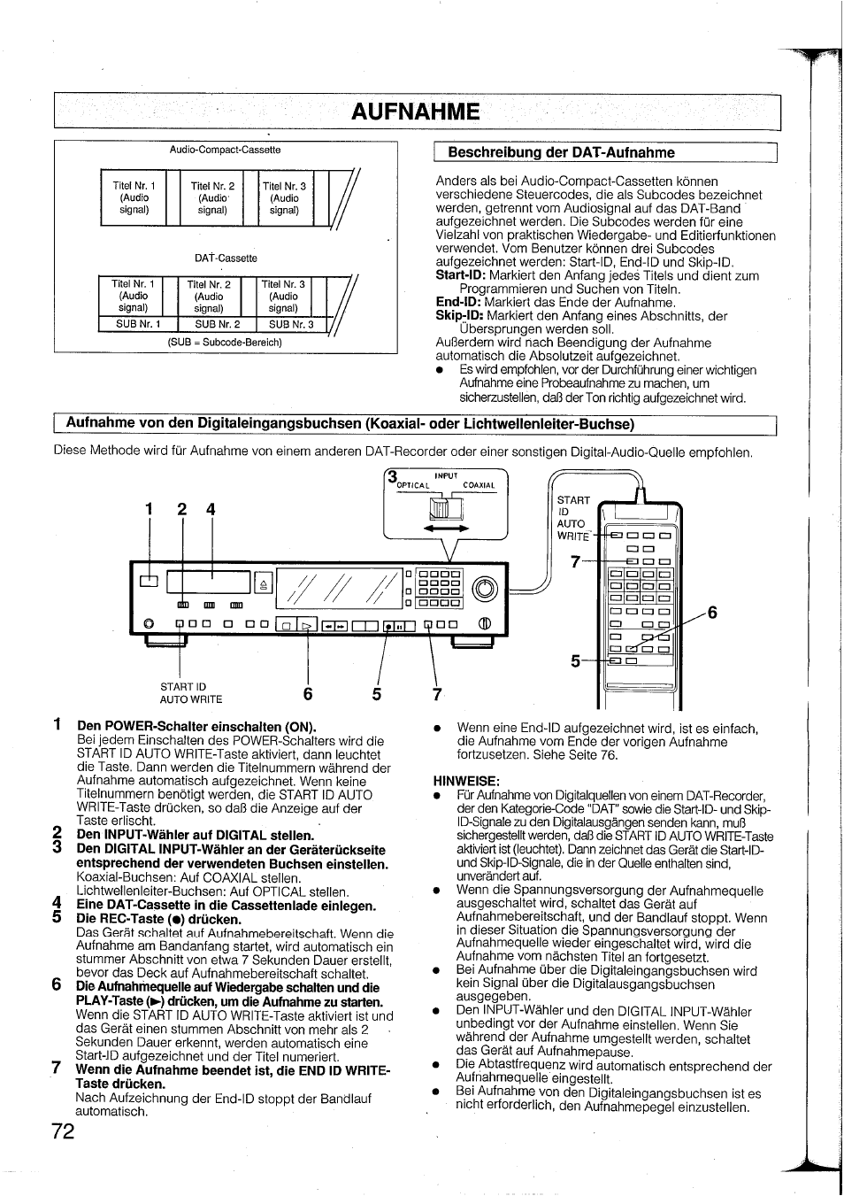 Aufnahme, Den power-schalter einschalten (on), Hinweise | 2 4 f3 | Yamaha DTR2 User Manual | Page 72 / 88