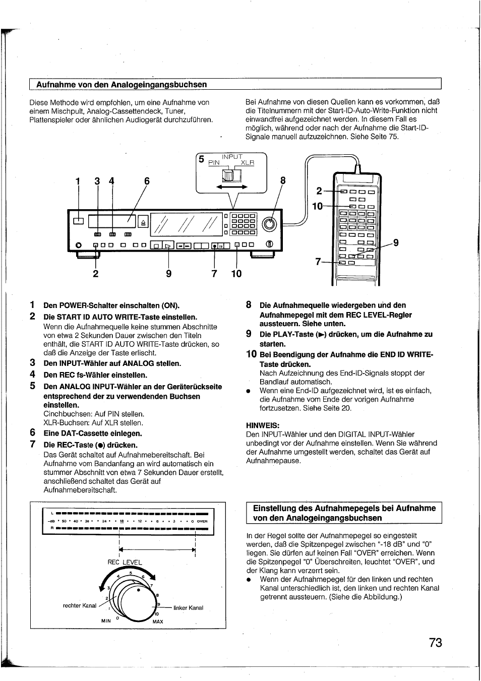 Aufnahme von den analogeingangsbuchsen, 1 den power-schalter einschalten (on), 2 die start id auto write-taste einstellen | 3 den input-wähler auf analog stellen, 4 den rec fs-wähler einstellen, 6 eine dat-cassette einlegen, 7 die rec-taste (•) drücken, Hinweis | Yamaha DTR2 User Manual | Page 73 / 88