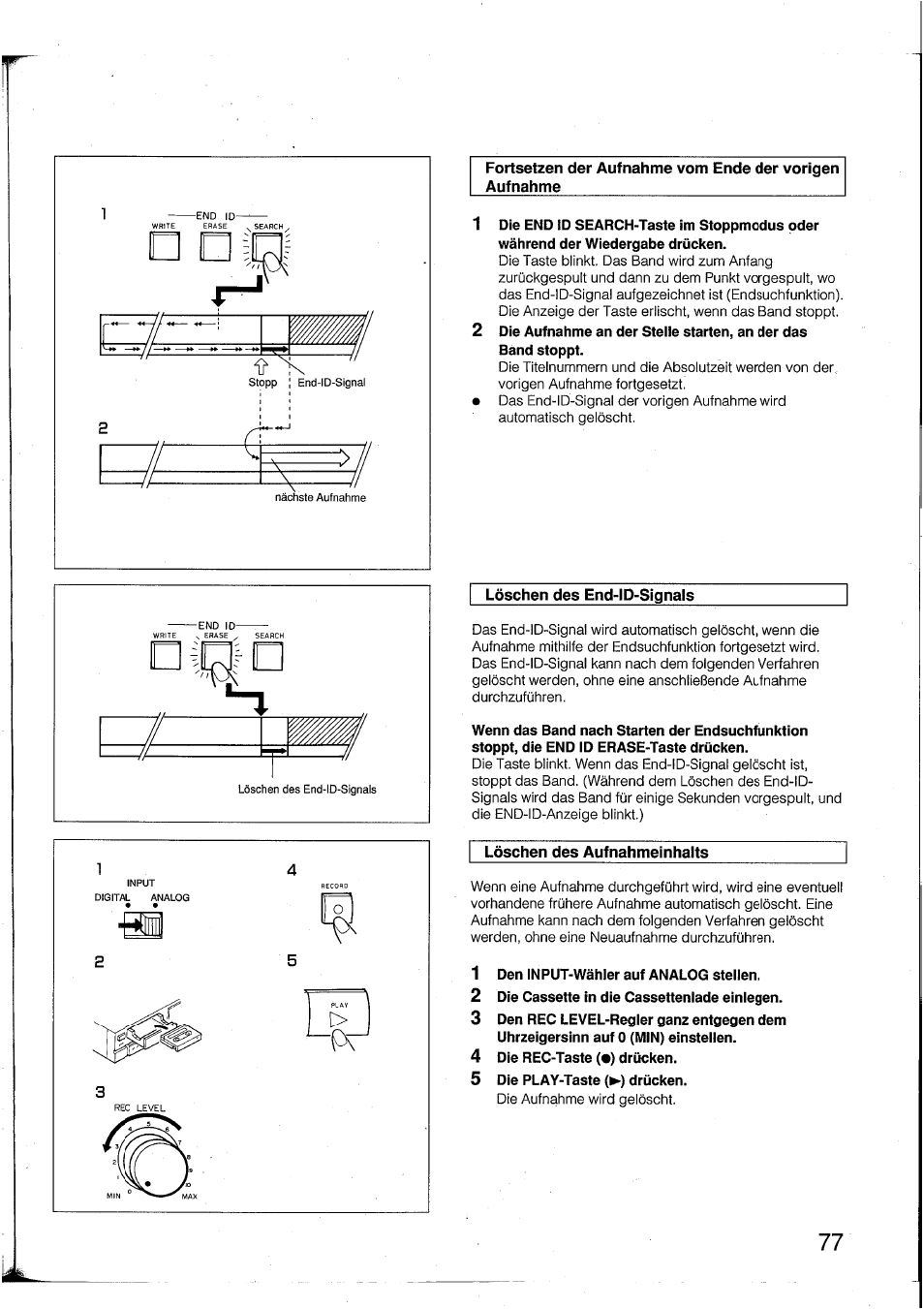 1 den input-wähler auf analog steilen, 2 die cassette in die cassetteniade einiegen, 4 die rec-taste (•) drücken | 5 die play-taste (►) drücken | Yamaha DTR2 User Manual | Page 77 / 88