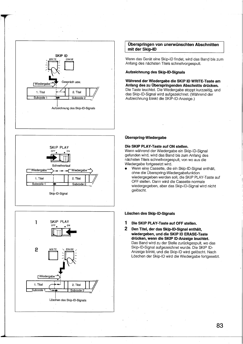 Aufzeichnung des skip-id-signals, Uberspring-wiedergabe, Die skip play-taste auf on stellen | Löschen des skip-id-signals, 1 die skip play-taste auf off stellen | Yamaha DTR2 User Manual | Page 83 / 88