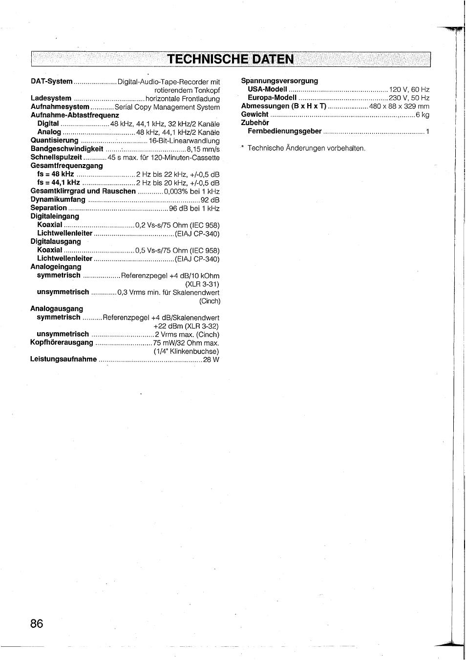 Technische daten, Spannungsversorgung | Yamaha DTR2 User Manual | Page 86 / 88