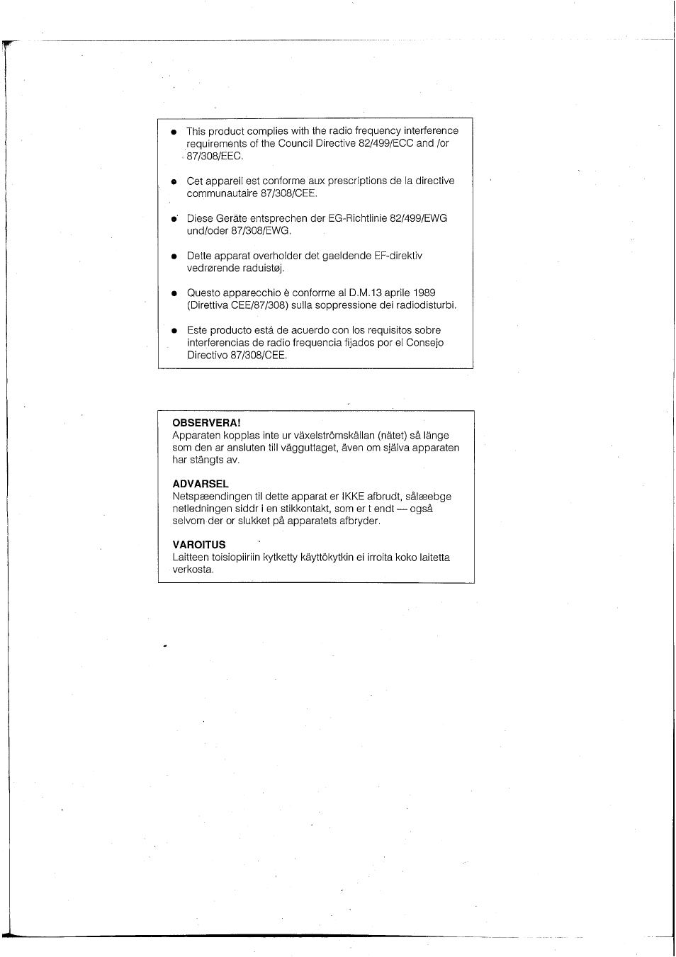 Observera, Advarsel, Varoitus | Yamaha DTR2 User Manual | Page 87 / 88