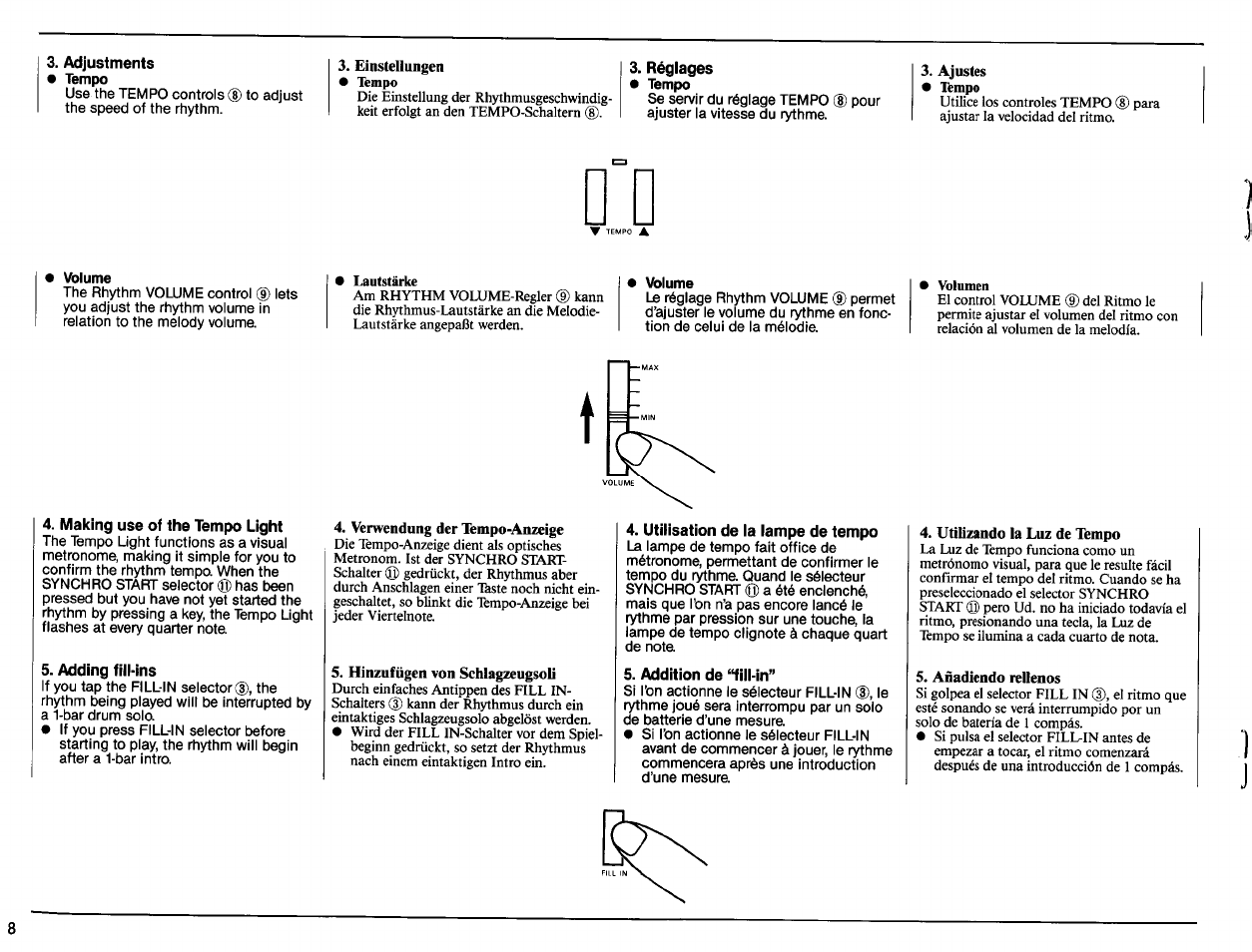 Volume, Vblume, Making use of the tempo light | Adding fill-ins, Utilisation de la lampe de tempo, Addition de ‘liil-in | Yamaha Portatone PSR-11 User Manual | Page 10 / 20