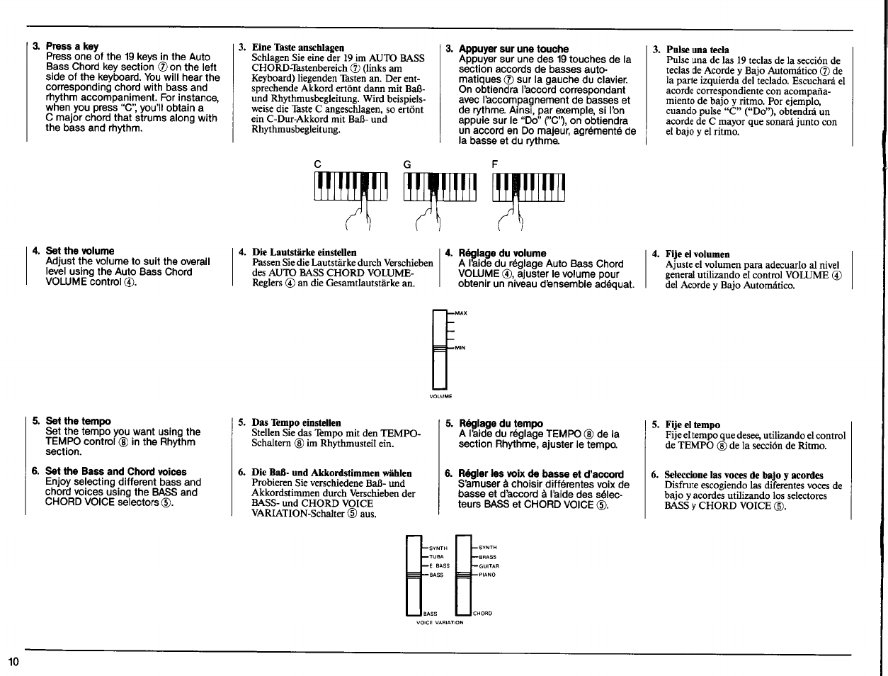 Press a key, Set the volume, Set the tempo | Set the bass and chord voices, Appuyer sur une touche, Réglage du volume, Réglage du tempo, Régler les voix de basse et d’accord | Yamaha Portatone PSR-11 User Manual | Page 12 / 20