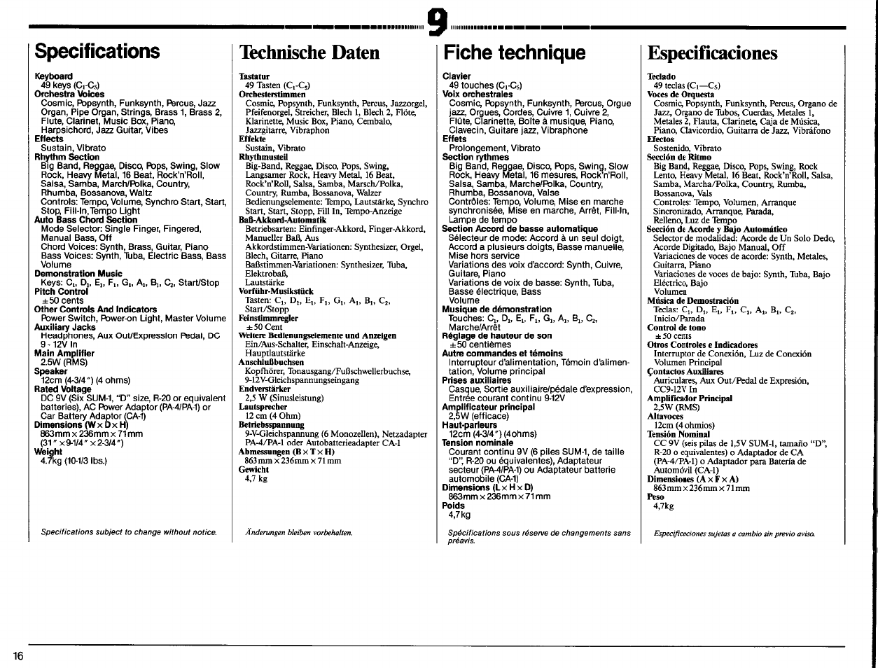 Technische daten, Especificaciones, Specifications | Fiche technique | Yamaha Portatone PSR-11 User Manual | Page 18 / 20