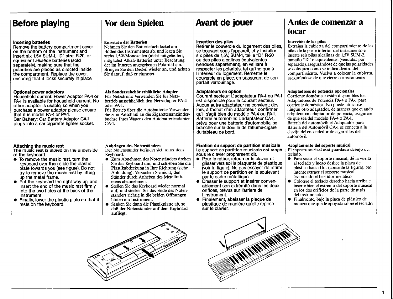 Inserting batteries, Optional power adaptors, Attachinp the music rest | Vor dem spielen, Insertion des piles, Adaptateurs en option, Fixation du support de partition musicaie, Antes de comenzar a tocar, Before playing, Avant de jouer | Yamaha Portatone PSR-11 User Manual | Page 3 / 20