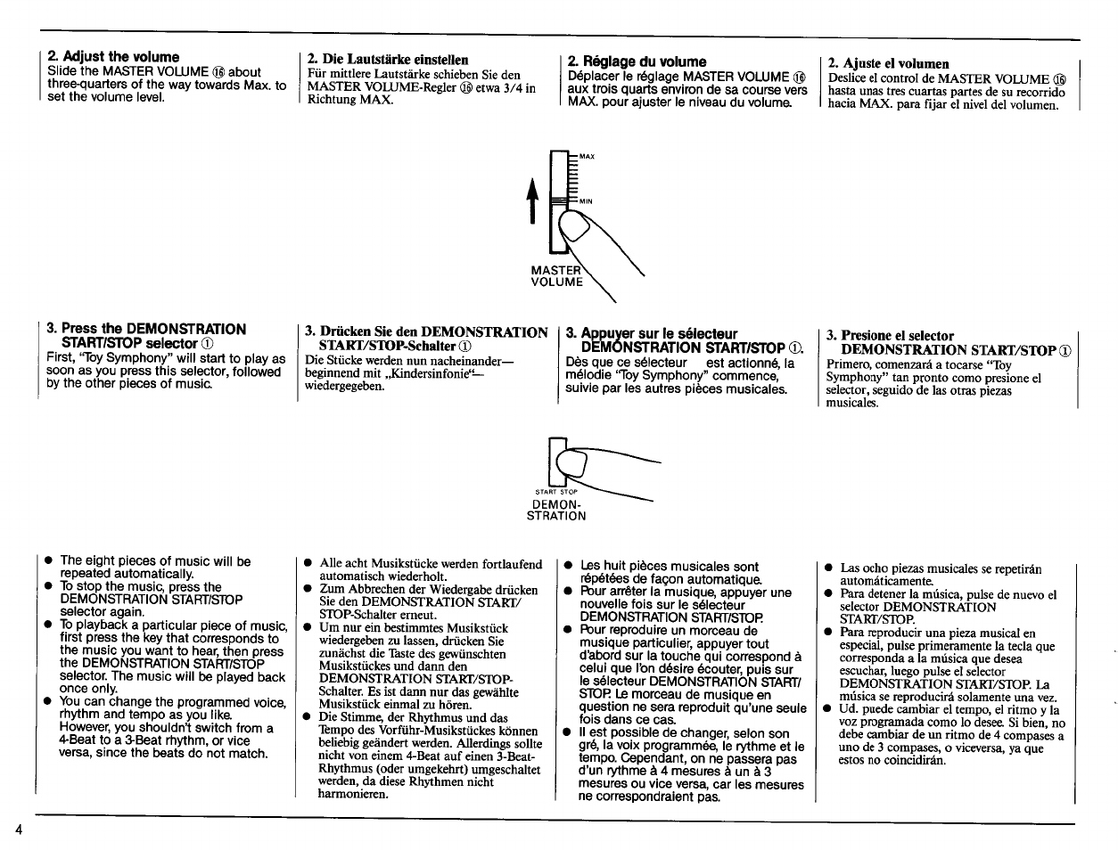 Adjust the volume, Réglage du volume, Press the demonstration stai^/stop selector | Appuyer sur le sélecteur demonstration start/stop | Yamaha Portatone PSR-11 User Manual | Page 6 / 20