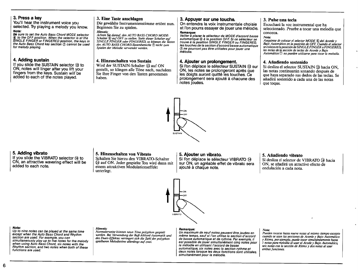Press a key, Adding sustain, Eine taste anschlagen | Hinzuschalten von sustain, Appuyer sur une toucha, Ajouter un prolongement, Pulse una tecla, Añadiendo sostenido, Adding vibrato, Hinzuschalten von vibrato | Yamaha Portatone PSR-11 User Manual | Page 8 / 20