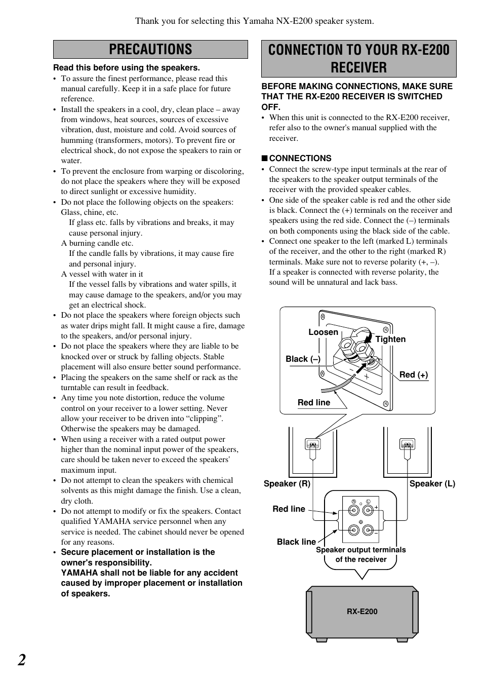 English, Precautions, Connection to your rx-e200 receiver | Yamaha NX-E200 User Manual | Page 2 / 4