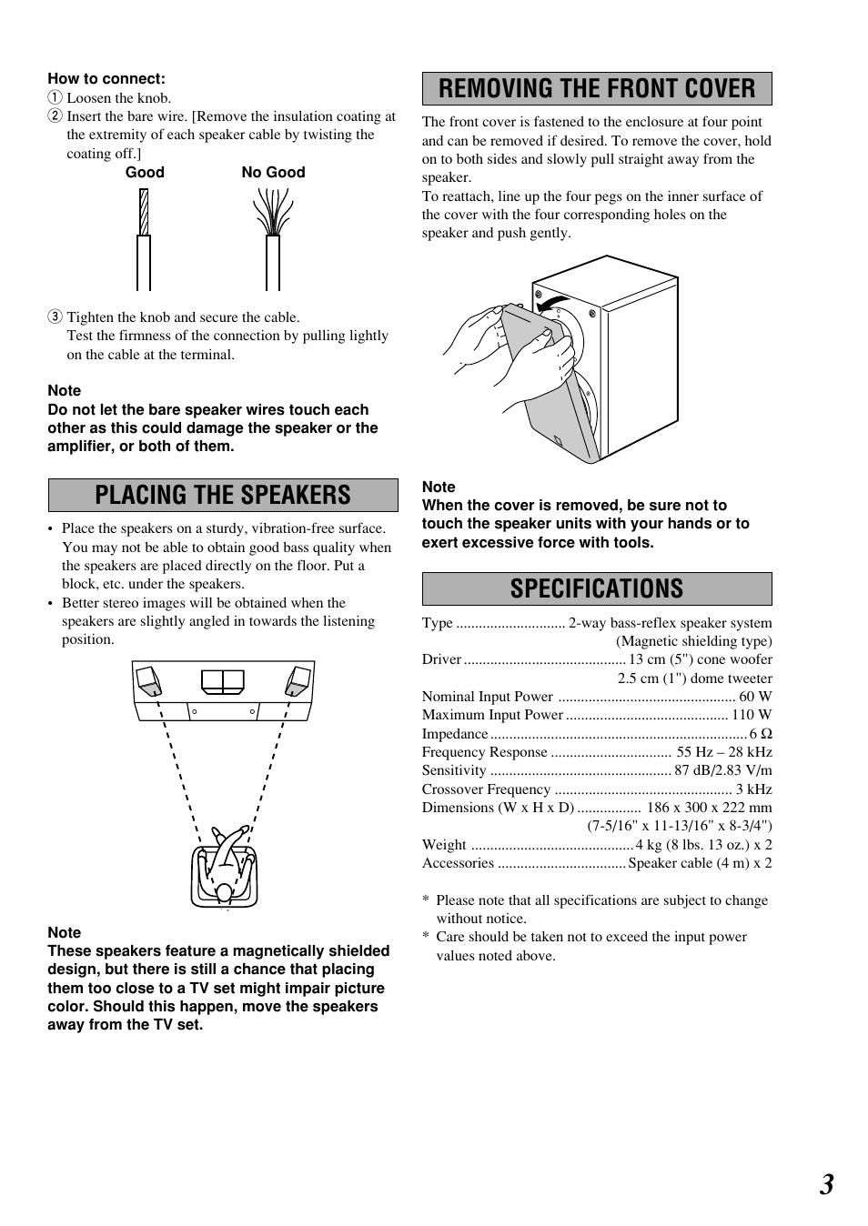 Placing the speakers, Removing the front cover, Specifications | Yamaha NX-E200 User Manual | Page 3 / 4