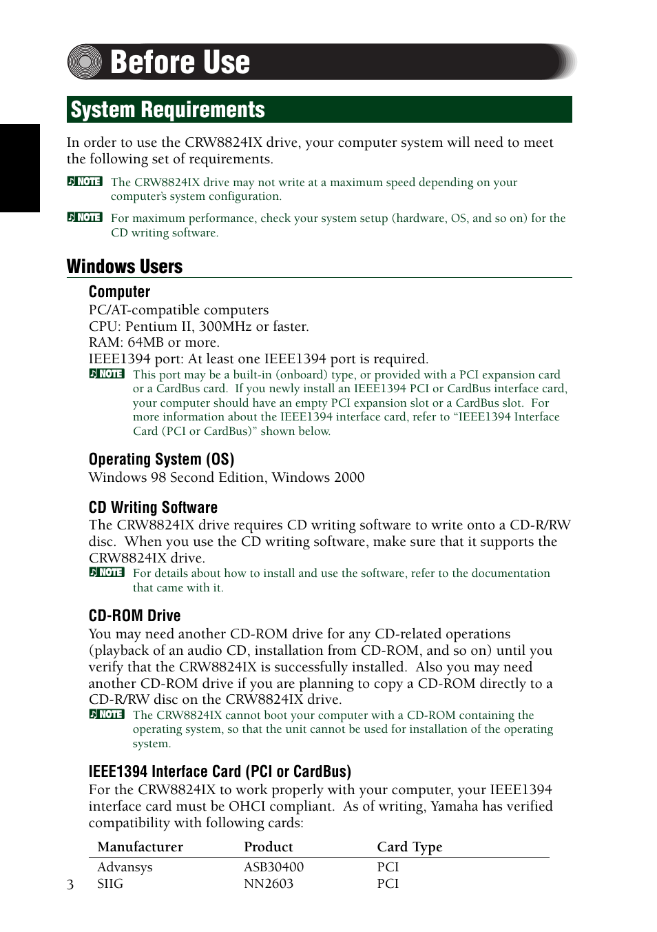 Before use, System requirements, Windows users | Yamaha CRW8824IX Series User Manual | Page 12 / 44