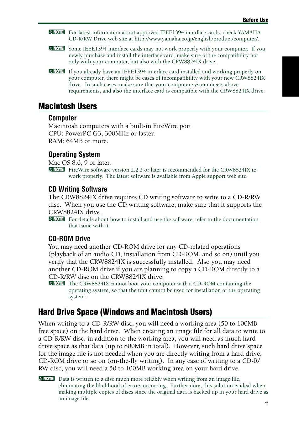 Macintosh users, Hard drive space (windows and macintosh users) | Yamaha CRW8824IX Series User Manual | Page 13 / 44