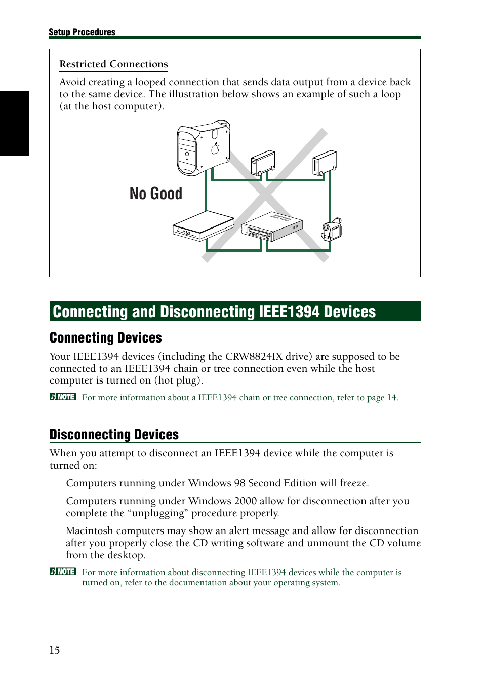 Connecting and disconnecting ieee1394 devices, Connecting devices, Disconnecting devices | Yamaha CRW8824IX Series User Manual | Page 24 / 44