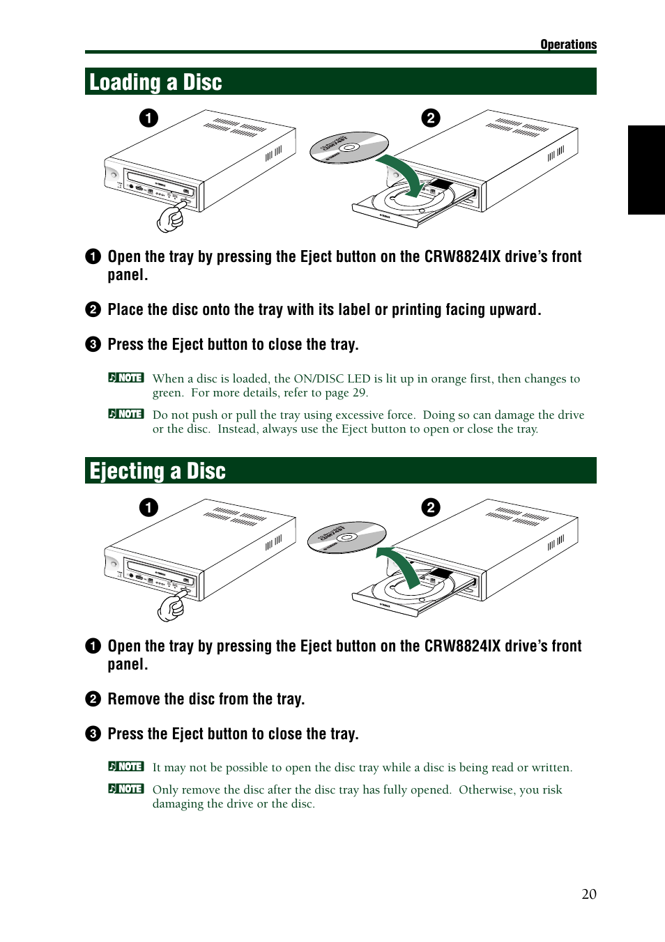 Loading a disc, Ejecting a disc, Loading a disc ejecting a disc | Yamaha CRW8824IX Series User Manual | Page 29 / 44