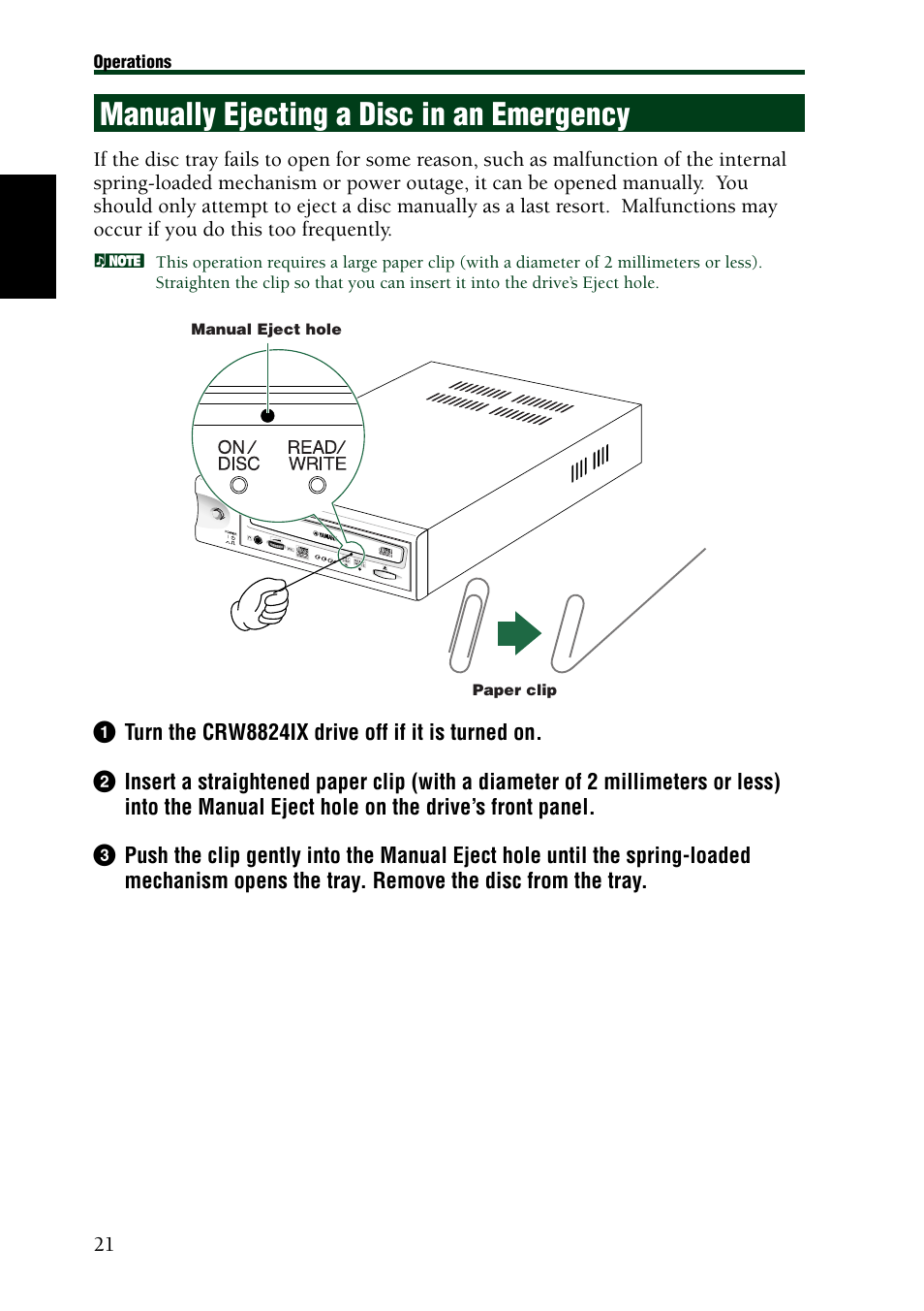 Manually ejecting a disc in an emergency | Yamaha CRW8824IX Series User Manual | Page 30 / 44