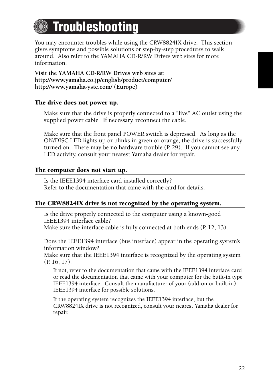 Troubleshooting | Yamaha CRW8824IX Series User Manual | Page 31 / 44