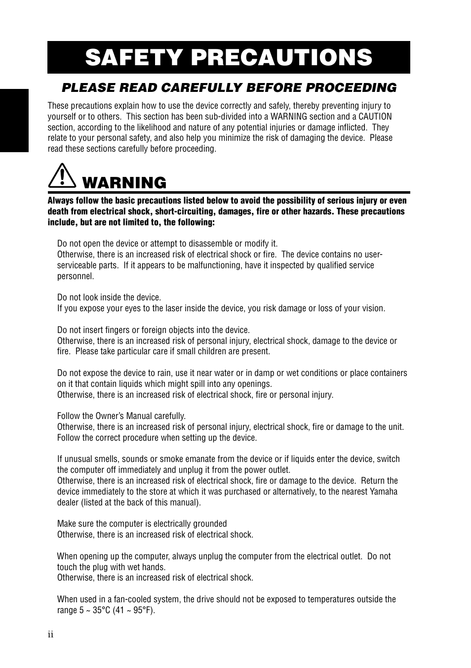 Safety precautions, Warning, Please read carefully before proceeding | Yamaha CRW8824IX Series User Manual | Page 6 / 44