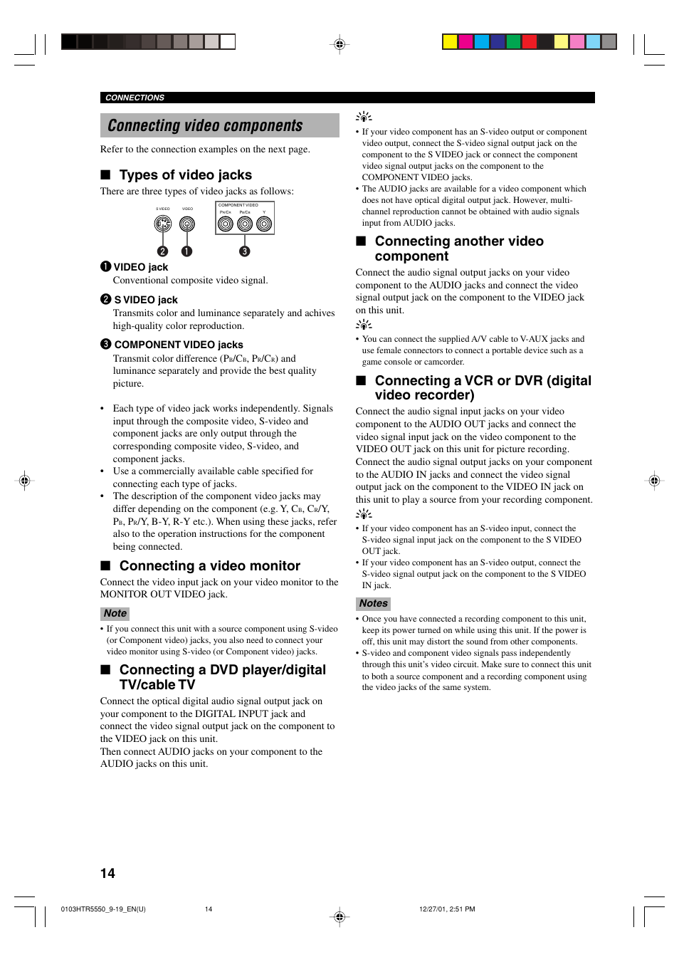 Connecting video components, Types of video jacks, Connecting a video monitor | Connecting a dvd player/digital tv/cable tv, Connecting another video component, Connecting a vcr or dvr (digital video recorder) | Yamaha HTR-5550 User Manual | Page 18 / 67