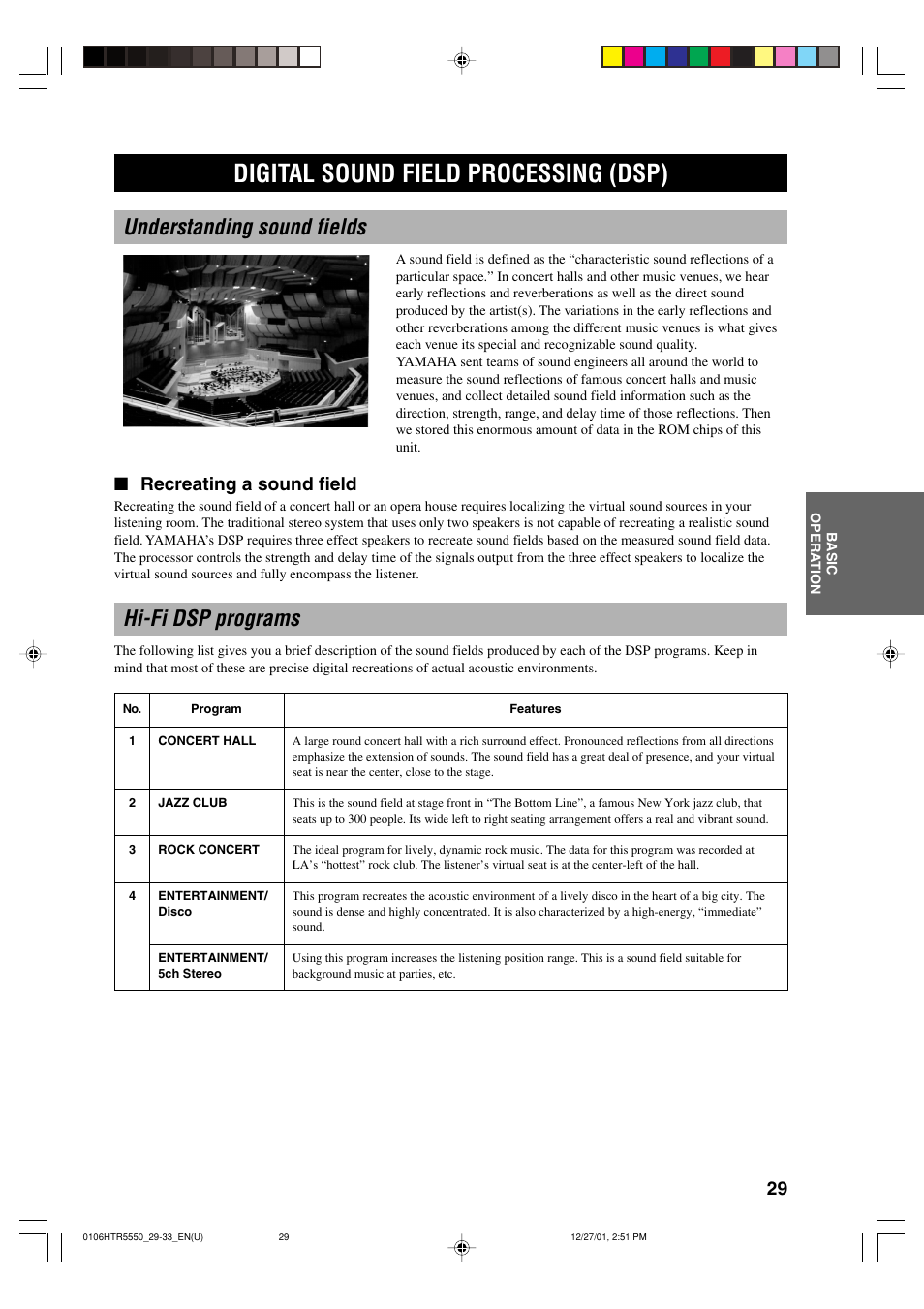 Digital sound field processing (dsp), Understanding sound fields, Hi-fi dsp programs | Recreating a sound field | Yamaha HTR-5550 User Manual | Page 33 / 67